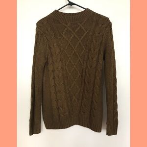 olive green mock neck cable knit sweater